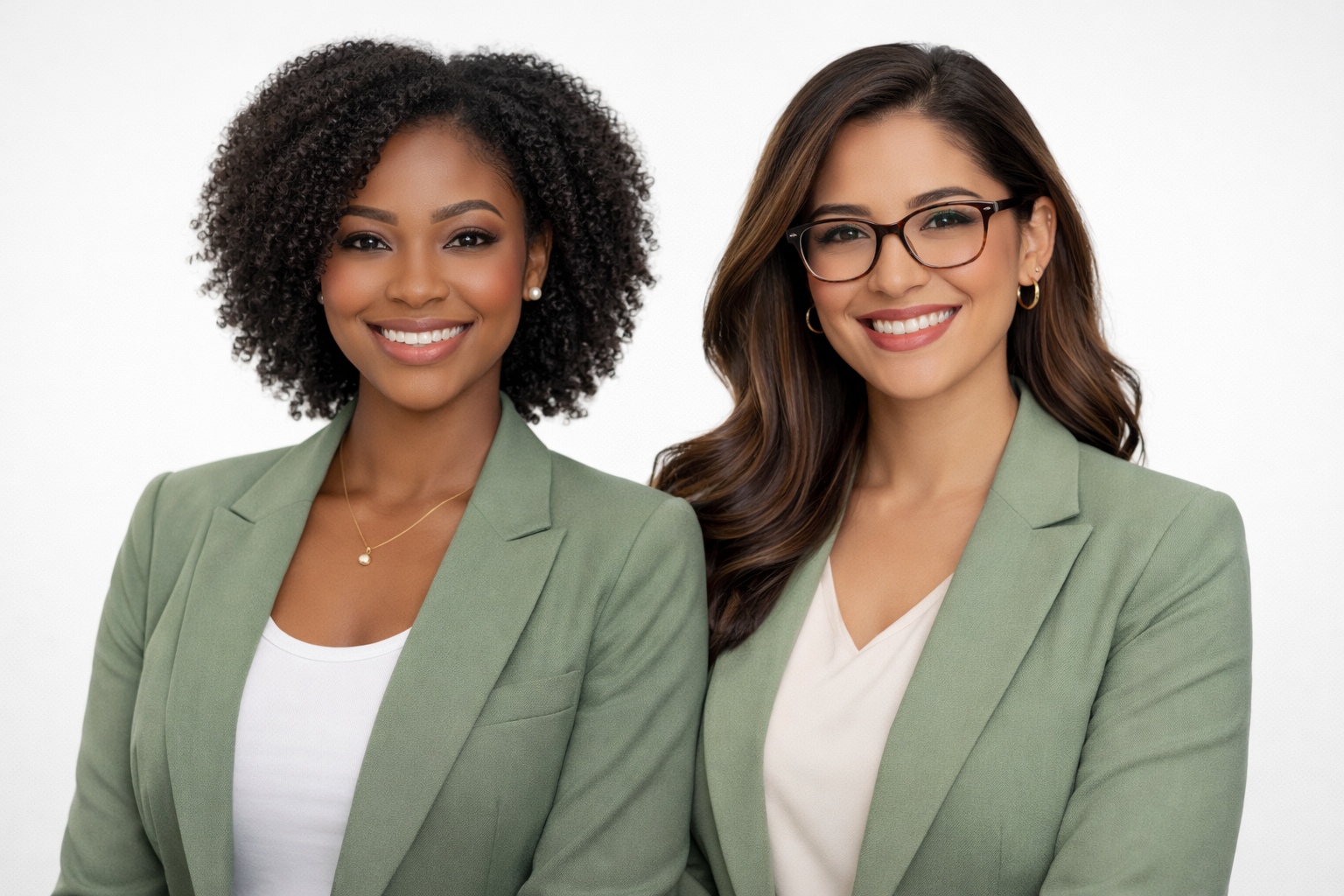 Black woman and Hispanic woman in green business suits